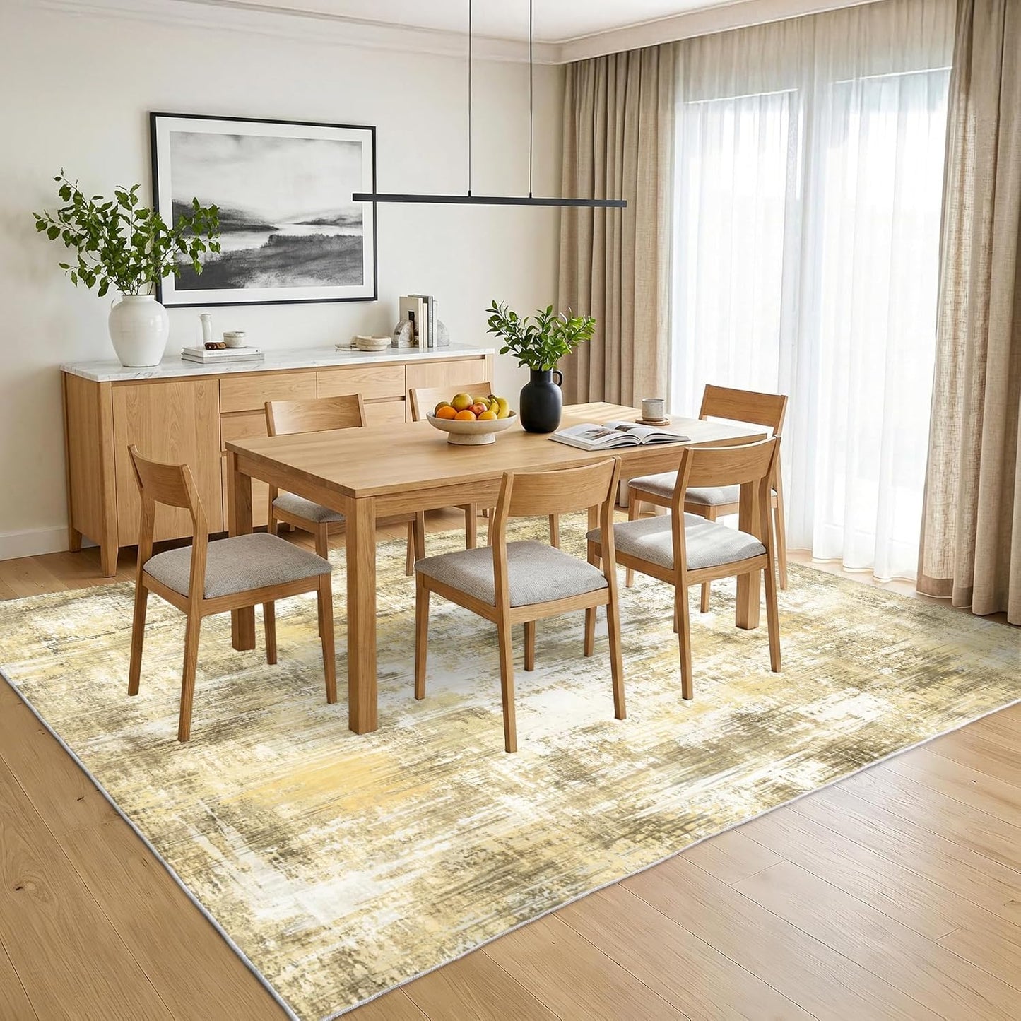 5x7Ft Living Room Area Rugs Anti-Slip Abstract Rug Stain-Resistant Carpet | Washable Rugs Carpet for Bedroom Neutral Modern Thin Carpets for Bedroom, Dining Room, Kids Playroom, Home Office Yellow