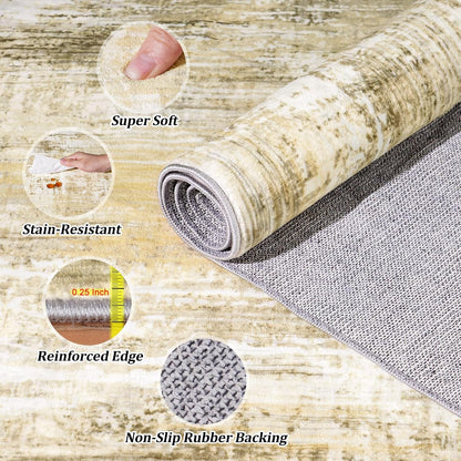 5x7Ft Living Room Area Rugs Anti-Slip Abstract Rug Stain-Resistant Carpet | Washable Rugs Carpet for Bedroom Neutral Modern Thin Carpets for Bedroom, Dining Room, Kids Playroom, Home Office Yellow