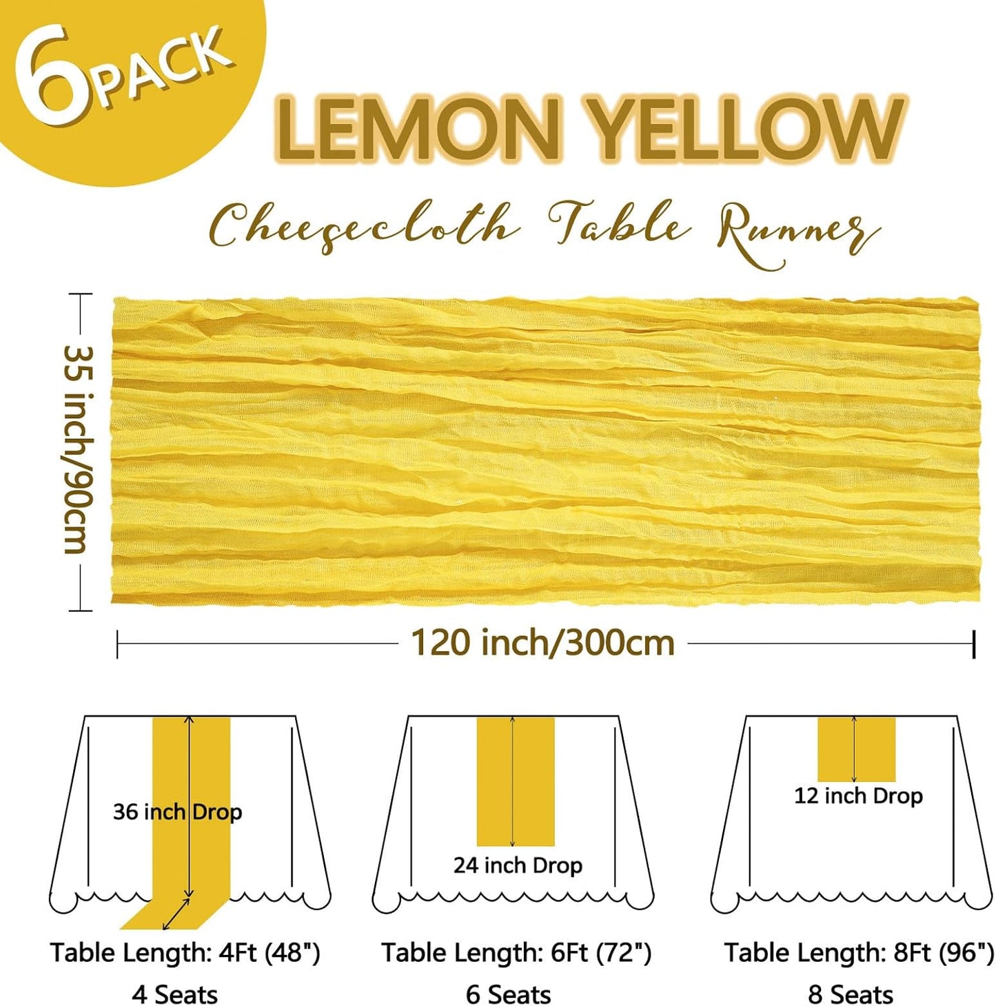6 Pack Lemon Yellow Cheesecloth Table Runner 10Ft Gauze Cheese Cloth Table Runner 35x120 Inch Boho Sheer Rustic Fabric for Summer Party Decor Baby Shower Wedding Decorations