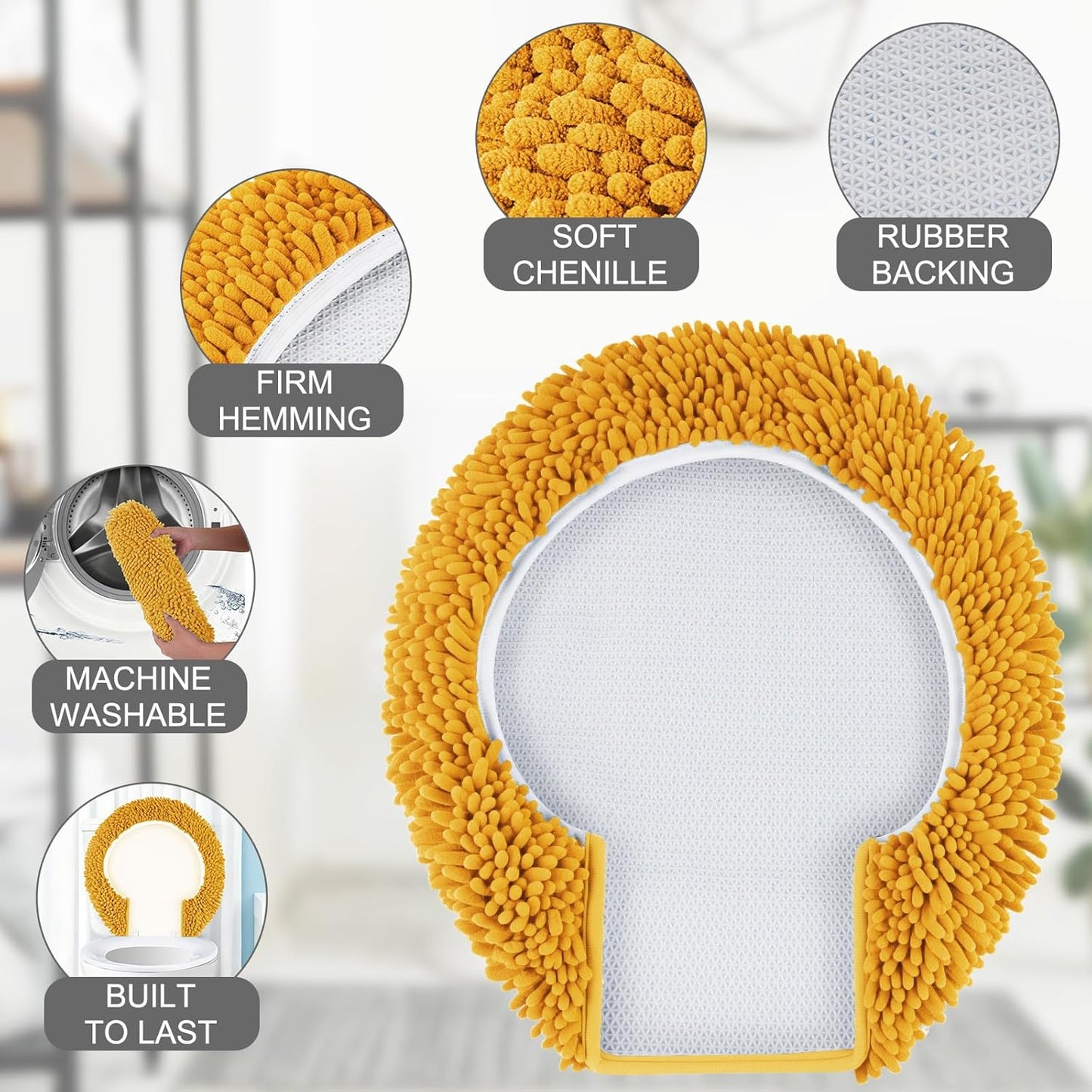Soft Chenille Toilet Lid Cover 19.5L x 18.5W Machine Washable Toilet Seat Cover Adjustable Rubber Backing Fits Most Round Elongated and Oblong Lids