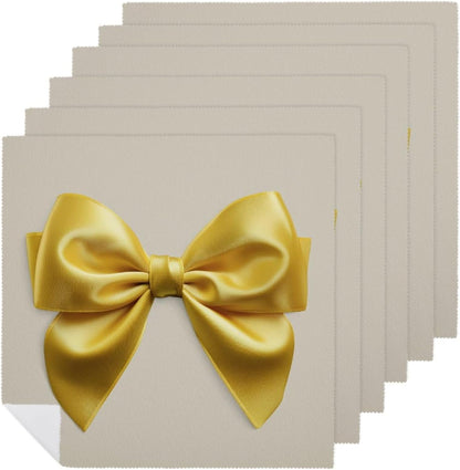 Yellow Christmas Bow Cloth Napkins Set of 6, Square Premium Reusable Washable Polyester Table Linen Napkin for Dinner Party
