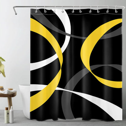 Abstract Geometric Shower Curtain for Bathroom,Yellow Grey and White Striped on Black Background Fabric Shower Curtain with Hooks,Modern Aesthetic Bathroom Curtains Shower Set,60x72 inches