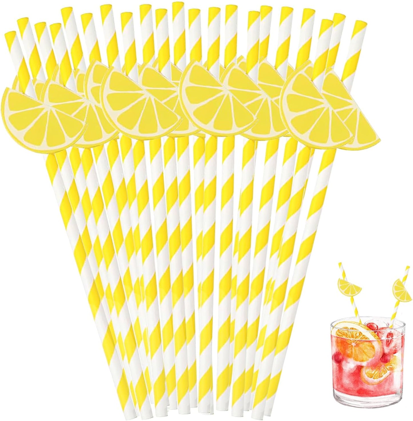 60 Pcs Lemon Paper Straws Disposable Cocktail Straws for Drinks Striped Straw for Milkshake Lemonade Stand Supplies Decorations Festival Holiday Decor