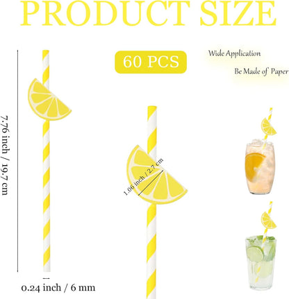 60 Pcs Lemon Paper Straws Disposable Cocktail Straws for Drinks Striped Straw for Milkshake Lemonade Stand Supplies Decorations Festival Holiday Decor