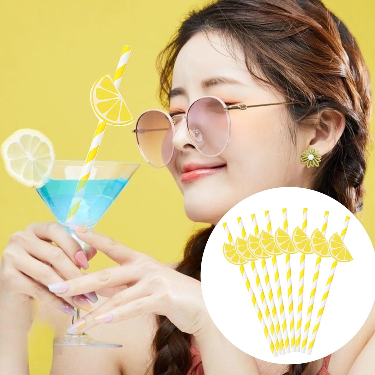 60 Pcs Lemon Paper Straws Disposable Cocktail Straws for Drinks Striped Straw for Milkshake Lemonade Stand Supplies Decorations Festival Holiday Decor