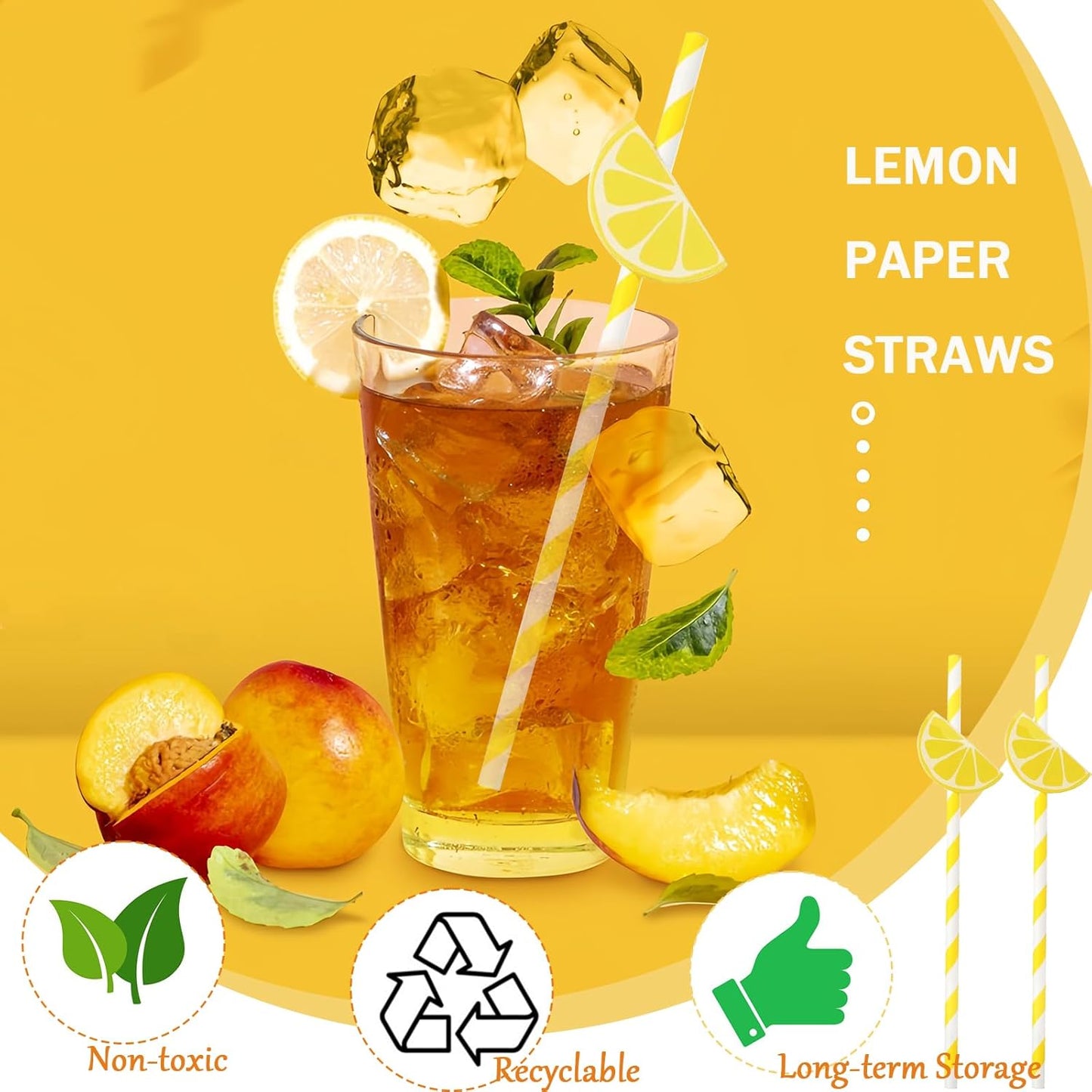 60 Pcs Lemon Paper Straws Disposable Cocktail Straws for Drinks Striped Straw for Milkshake Lemonade Stand Supplies Decorations Festival Holiday Decor