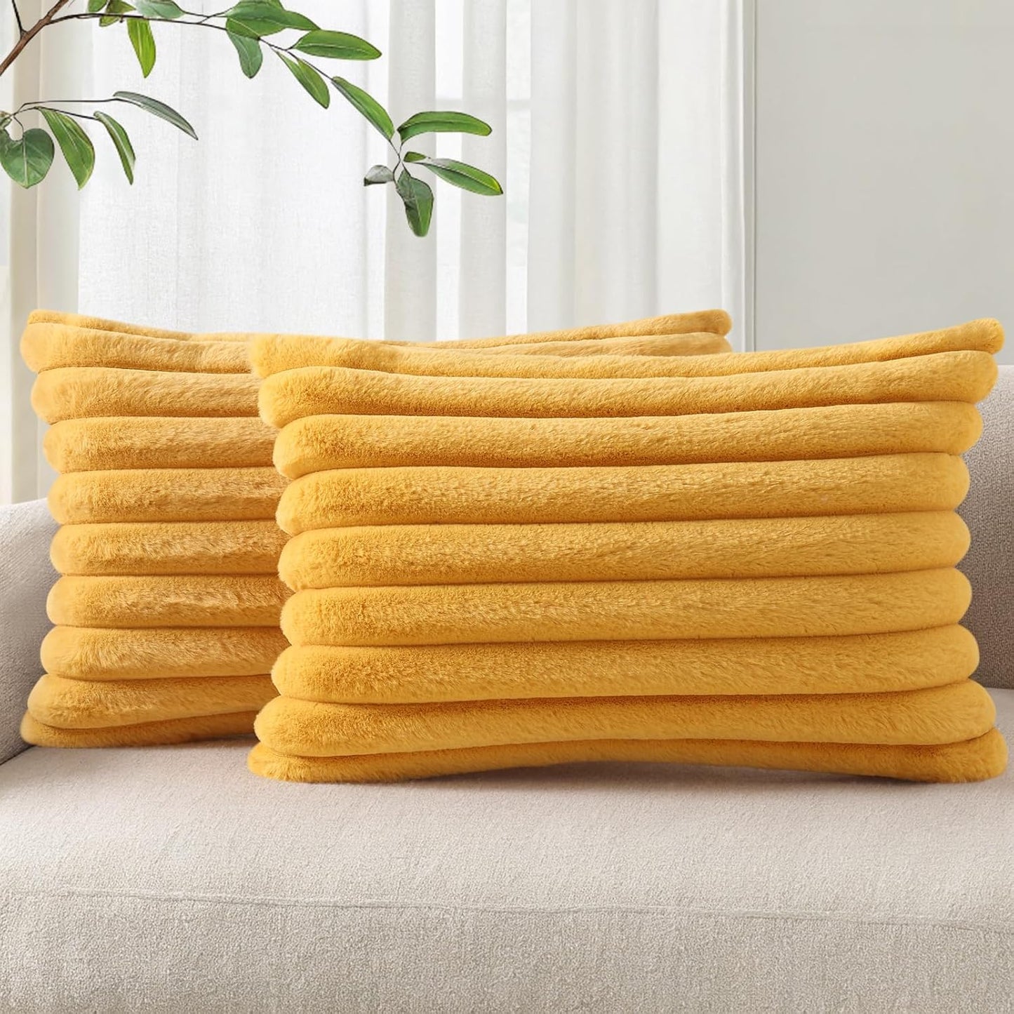 Faux Fur Decorative Throw Pillow Covers 12x20 Set of 2, Yellow | Luxury Plush Texture, Striped Design, Cozy Soft Touch, Modern Home Accent Decor for Couch, Sofa, Bed, Living Room