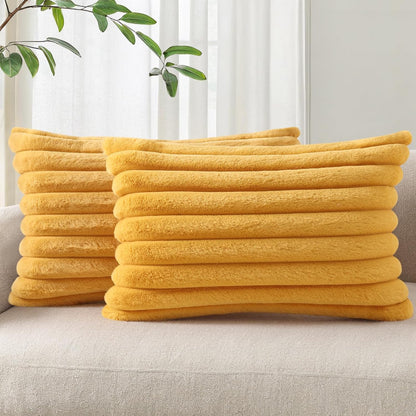 Faux Fur Decorative Throw Pillow Covers 12x20 Set of 2, Yellow | Luxury Plush Texture, Striped Design, Cozy Soft Touch, Modern Home Accent Decor for Couch, Sofa, Bed, Living Room