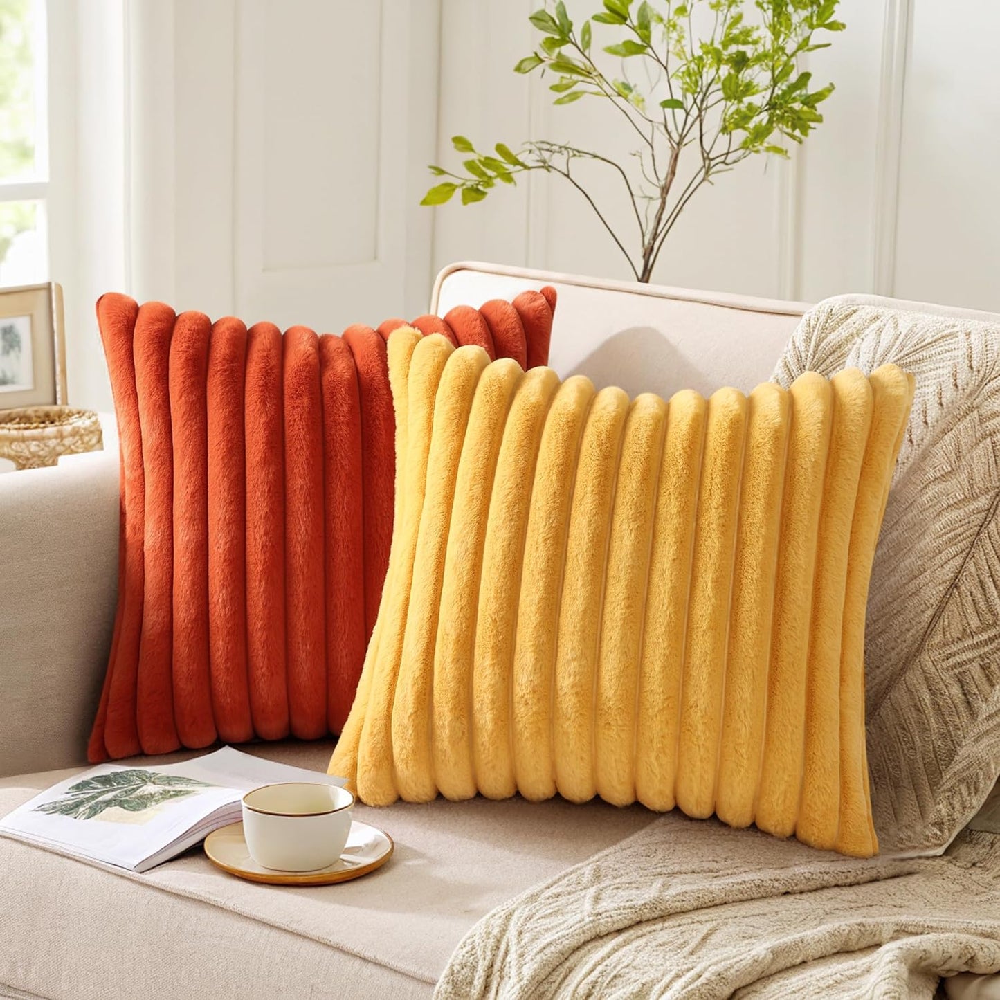 Faux Fur Decorative Throw Pillow Covers 12x20 Set of 2, Yellow | Luxury Plush Texture, Striped Design, Cozy Soft Touch, Modern Home Accent Decor for Couch, Sofa, Bed, Living Room