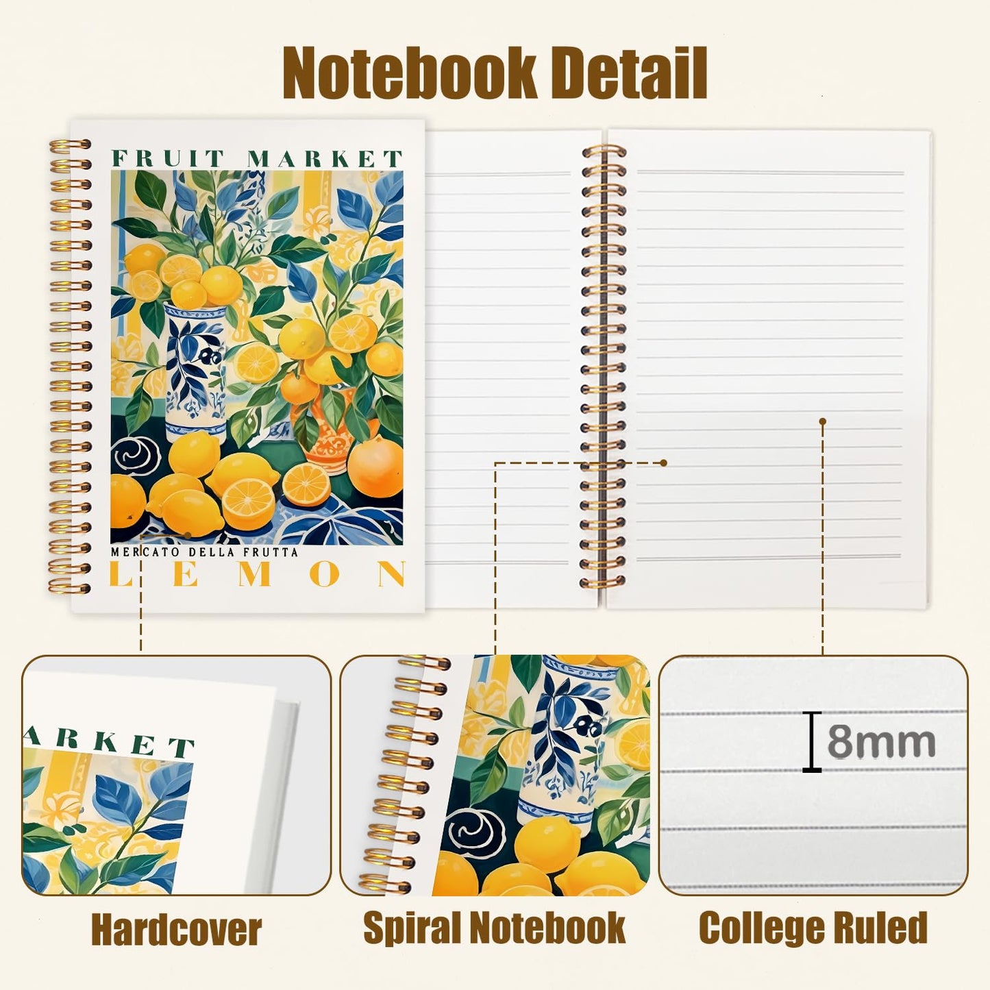 Likjad Summer Lemon Spiral Notebook Journal 5.5x8.3, Lemon Themed Gifts for Women Journals for Writing, Fruit Lover Gift Hardcover Notebooks for Note Taking