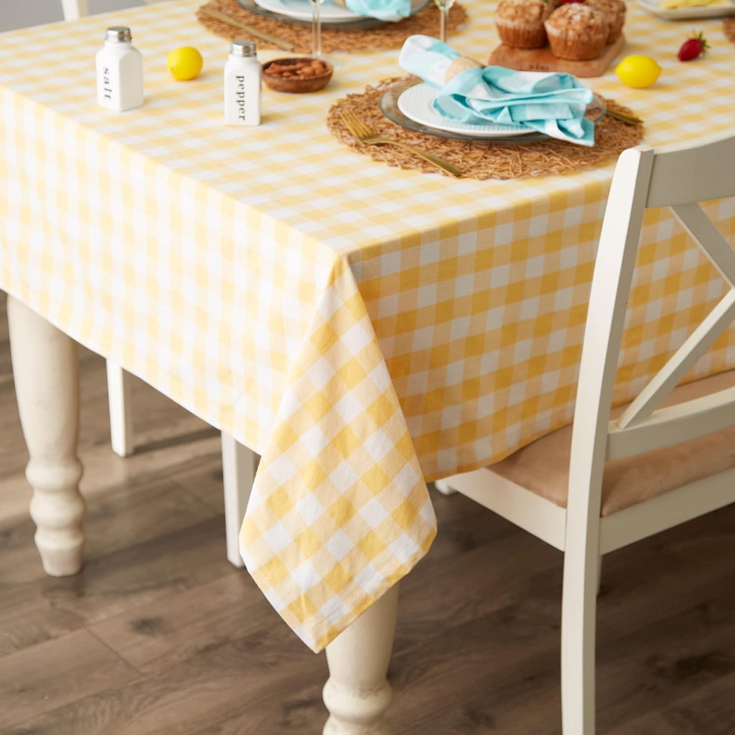 Checkered Tabletop Collection 100% Cotton, Machine Washable, Tablecloth, 60x84, Yellow
