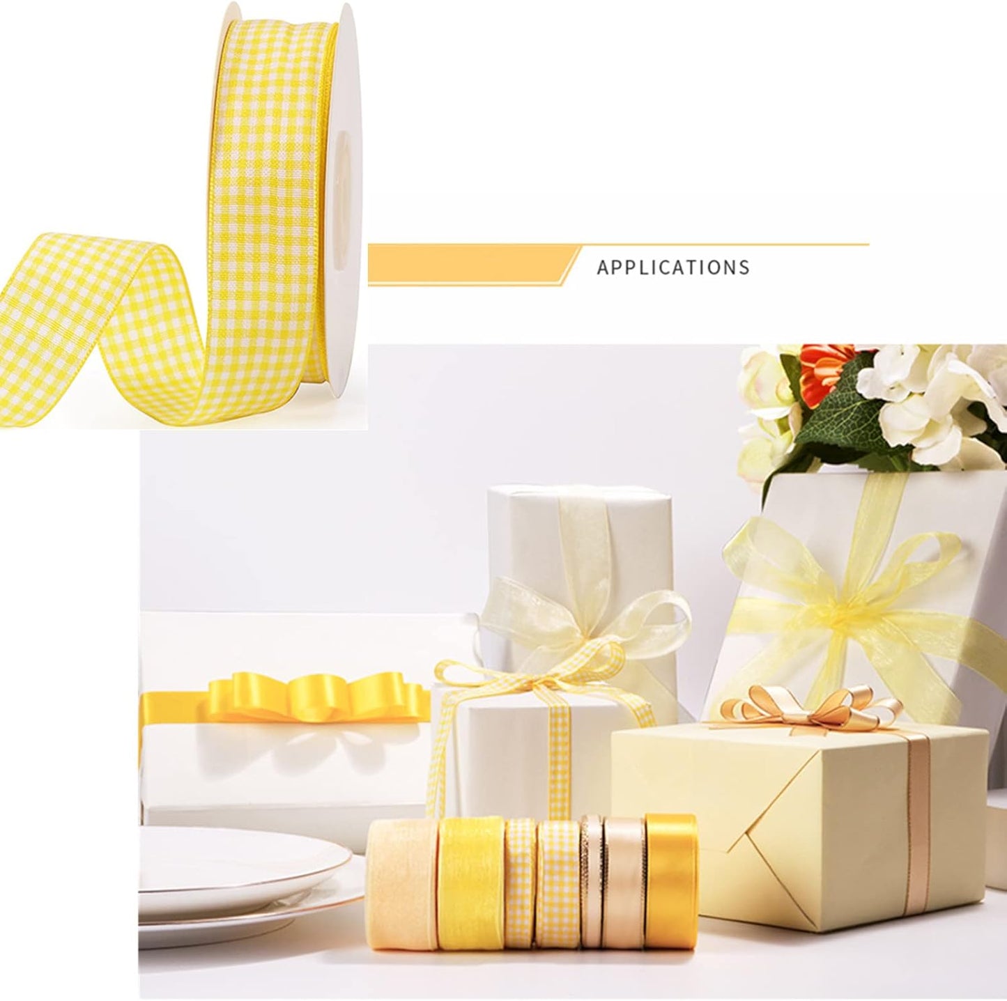 Gingham Ribbon Checkered Ribbon 1-Inch Wide Taffeta Plaid Ribbon 25 Yard Long 100% Polyester Woven Edge (Yellow, 1 Inch)