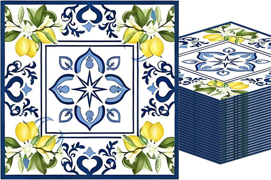 40 Pack Lemons Paper Napkins, 6.5x6.5 Inches Capri Mediterranean Yellow Citrus Floral Disposable Paper Napkins for Summer Decorations, Wedding Bridal Shower Birthday BBQ Party