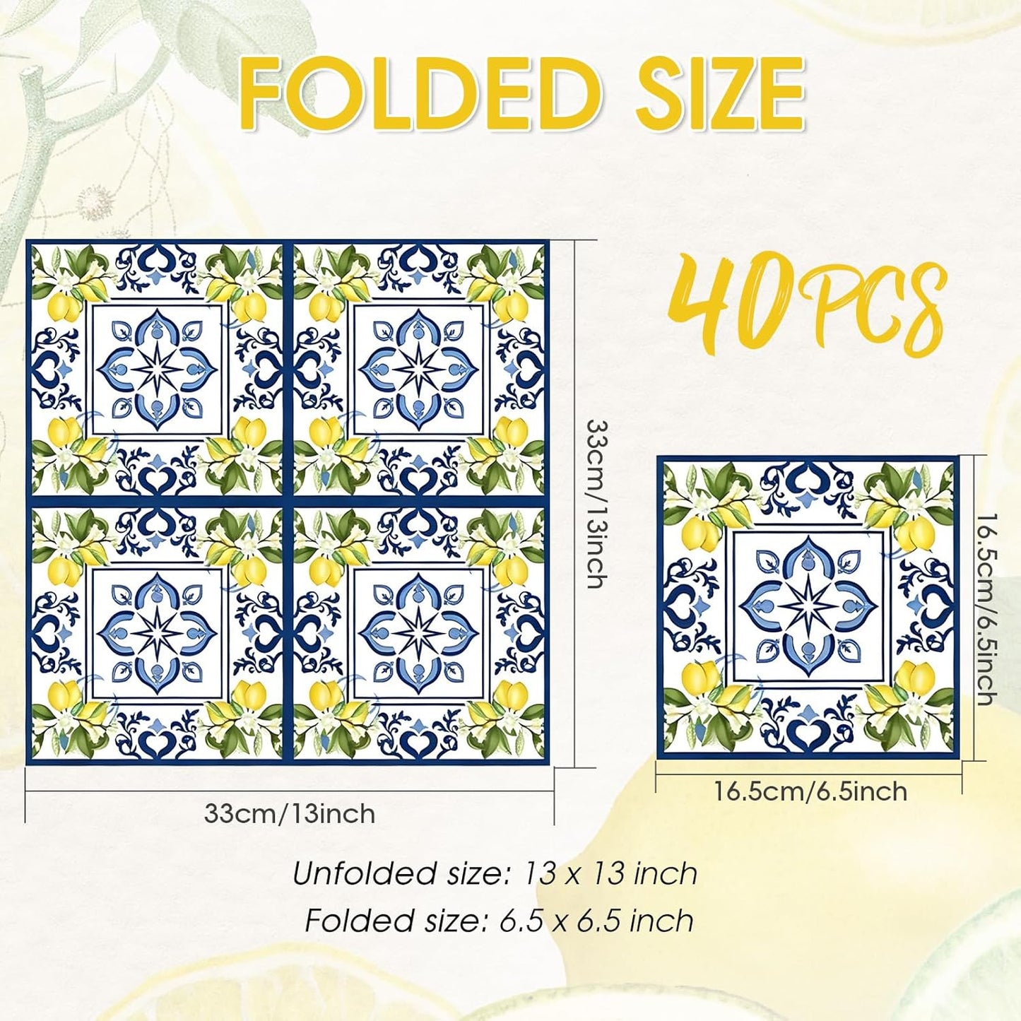 40 Pack Lemons Paper Napkins, 6.5x6.5 Inches Capri Mediterranean Yellow Citrus Floral Disposable Paper Napkins for Summer Decorations, Wedding Bridal Shower Birthday BBQ Party