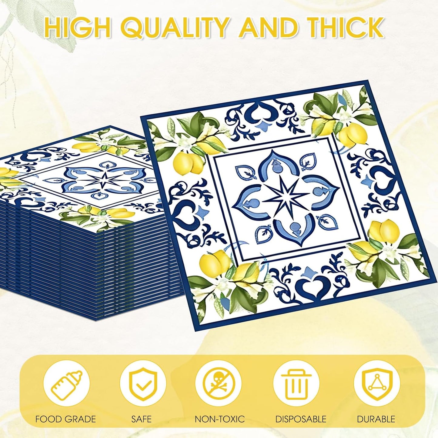 40 Pack Lemons Paper Napkins, 6.5x6.5 Inches Capri Mediterranean Yellow Citrus Floral Disposable Paper Napkins for Summer Decorations, Wedding Bridal Shower Birthday BBQ Party
