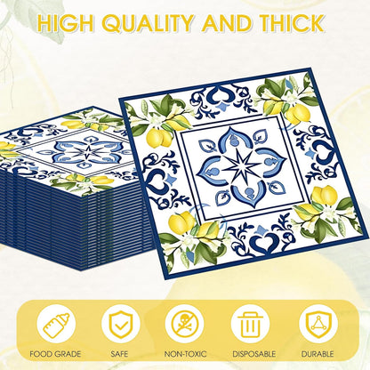 40 Pack Lemons Paper Napkins, 6.5x6.5 Inches Capri Mediterranean Yellow Citrus Floral Disposable Paper Napkins for Summer Decorations, Wedding Bridal Shower Birthday BBQ Party