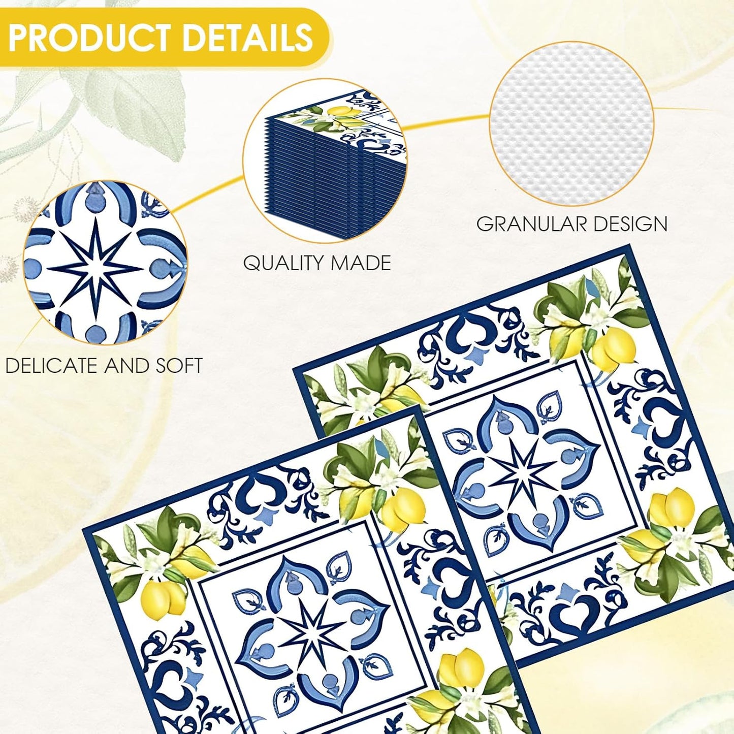 40 Pack Lemons Paper Napkins, 6.5x6.5 Inches Capri Mediterranean Yellow Citrus Floral Disposable Paper Napkins for Summer Decorations, Wedding Bridal Shower Birthday BBQ Party