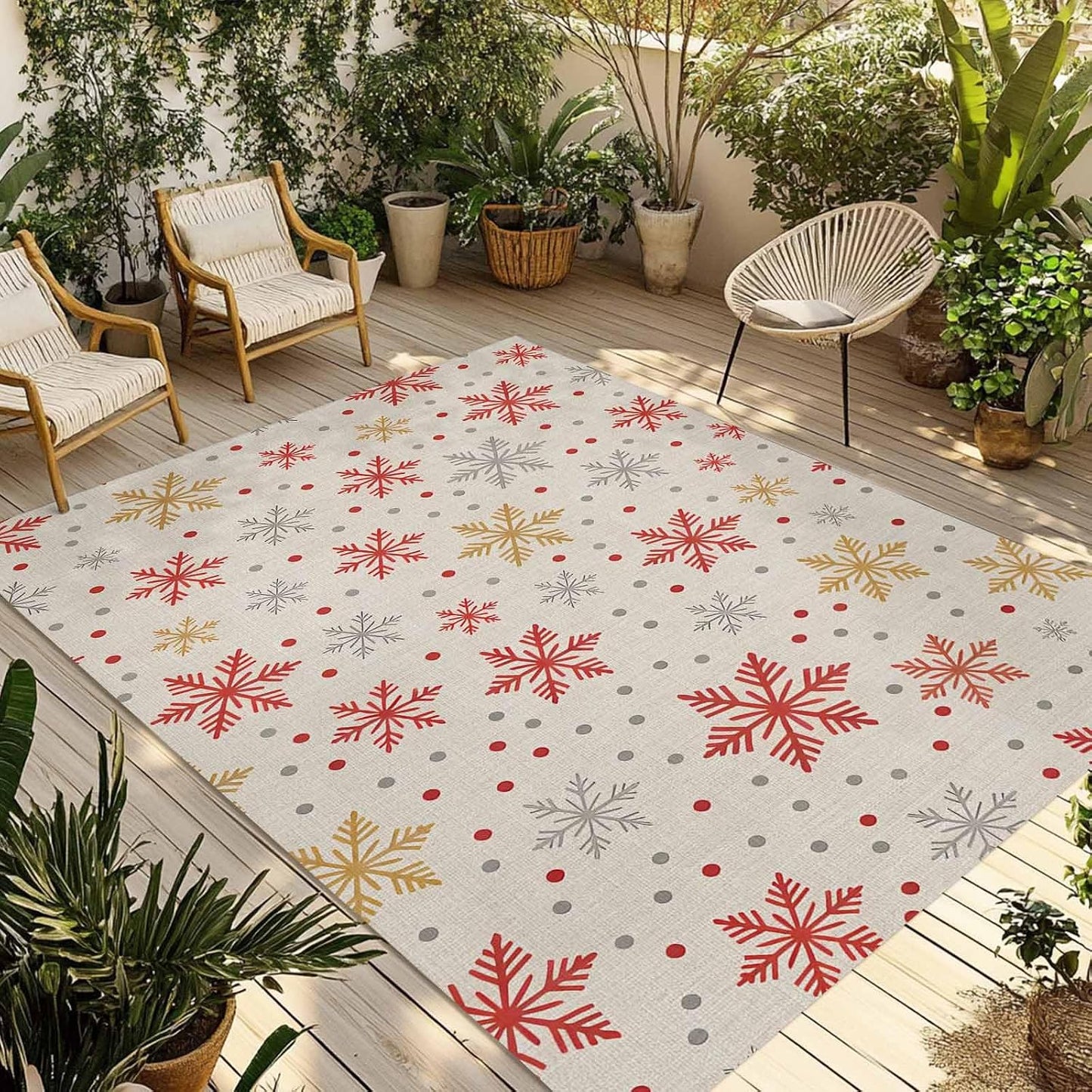 Winter Snowflakes Outdoor Rug for Patio/Deck/Porch, Non-Slip Large Area Rug 3 x 5 Ft, Red Yellow Christmas Snowflakes Beige Indoor Outdoor Rugs Washable Area Rugs, Reversible Camping Rug Carpet Runner