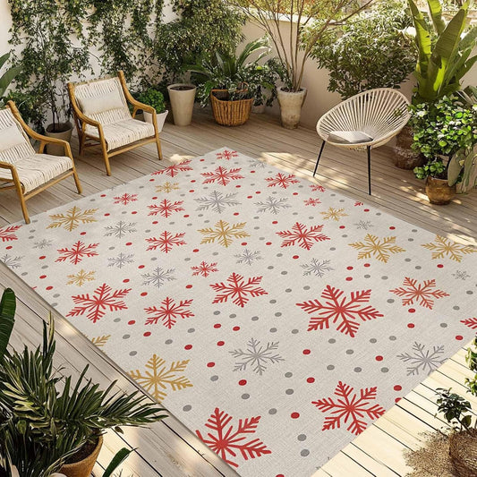 Winter Snowflakes Outdoor Rug for Patio/Deck/Porch, Non-Slip Large Area Rug 3 x 5 Ft, Red Yellow Christmas Snowflakes Beige Indoor Outdoor Rugs Washable Area Rugs, Reversible Camping Rug Carpet Runner