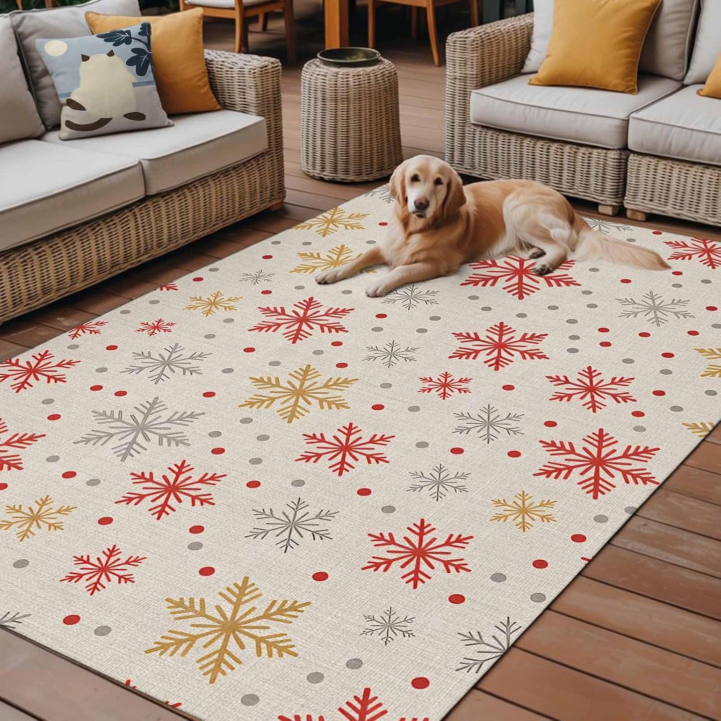 Winter Snowflakes Outdoor Rug for Patio/Deck/Porch, Non-Slip Large Area Rug 3 x 5 Ft, Red Yellow Christmas Snowflakes Beige Indoor Outdoor Rugs Washable Area Rugs, Reversible Camping Rug Carpet Runner