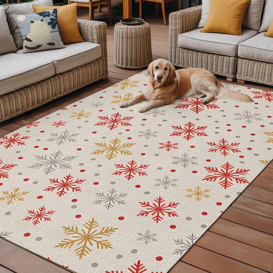 Winter Snowflakes Outdoor Rug for Patio/Deck/Porch, Non-Slip Large Area Rug 3 x 5 Ft, Red Yellow Christmas Snowflakes Beige Indoor Outdoor Rugs Washable Area Rugs, Reversible Camping Rug Carpet Runner