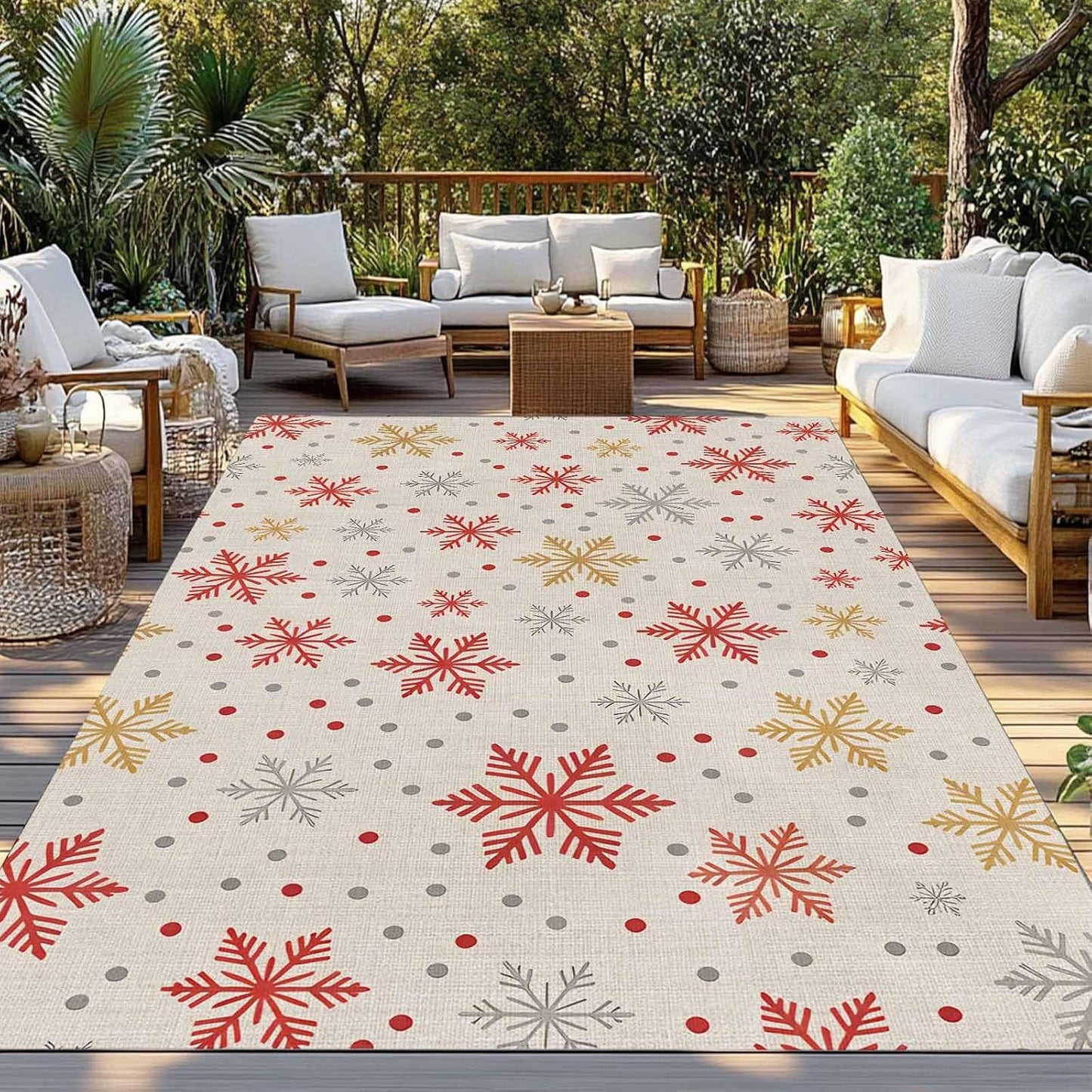 Winter Snowflakes Outdoor Rug for Patio/Deck/Porch, Non-Slip Large Area Rug 3 x 5 Ft, Red Yellow Christmas Snowflakes Beige Indoor Outdoor Rugs Washable Area Rugs, Reversible Camping Rug Carpet Runner