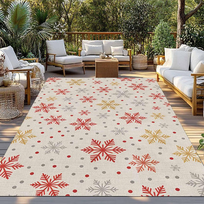Winter Snowflakes Outdoor Rug for Patio/Deck/Porch, Non-Slip Large Area Rug 3 x 5 Ft, Red Yellow Christmas Snowflakes Beige Indoor Outdoor Rugs Washable Area Rugs, Reversible Camping Rug Carpet Runner