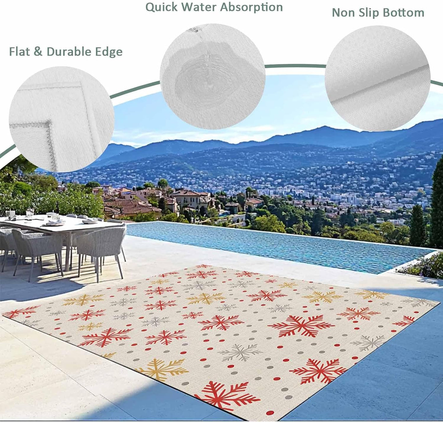 Winter Snowflakes Outdoor Rug for Patio/Deck/Porch, Non-Slip Large Area Rug 3 x 5 Ft, Red Yellow Christmas Snowflakes Beige Indoor Outdoor Rugs Washable Area Rugs, Reversible Camping Rug Carpet Runner
