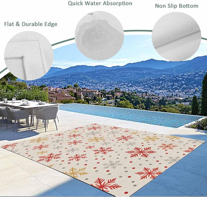 Winter Snowflakes Outdoor Rug for Patio/Deck/Porch, Non-Slip Large Area Rug 3 x 5 Ft, Red Yellow Christmas Snowflakes Beige Indoor Outdoor Rugs Washable Area Rugs, Reversible Camping Rug Carpet Runner