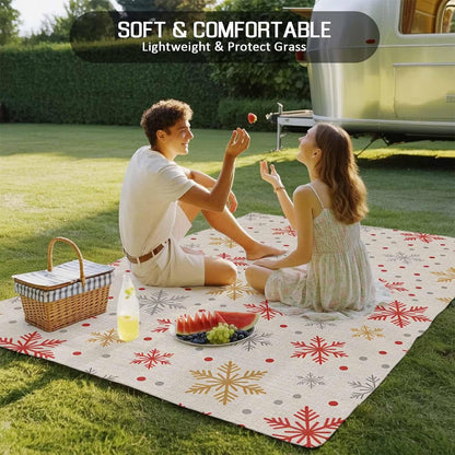 Winter Snowflakes Outdoor Rug for Patio/Deck/Porch, Non-Slip Large Area Rug 3 x 5 Ft, Red Yellow Christmas Snowflakes Beige Indoor Outdoor Rugs Washable Area Rugs, Reversible Camping Rug Carpet Runner