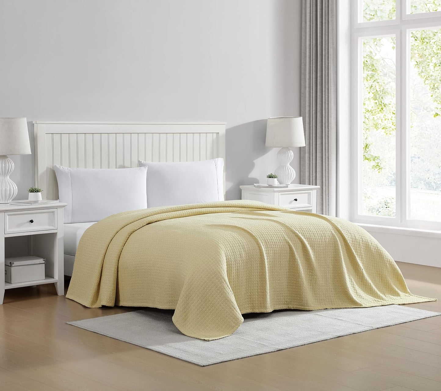 Grand Hotel Lightweight All-Natural 100% Cotton Waffle Weave Blanket, King, Lemon