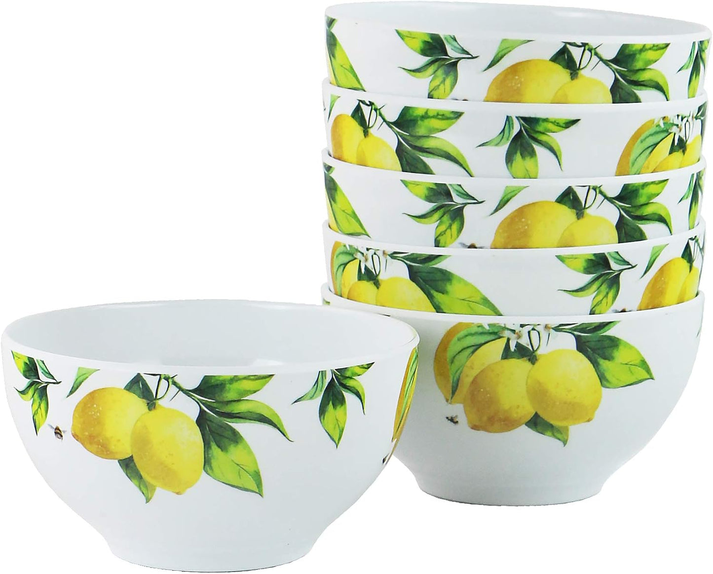 Fresh Lemons , 6pc Melamine Cereal/Soup Bowl Set, white, lemon, green, 2 cups