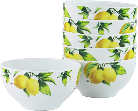 Fresh Lemons , 6pc Melamine Cereal/Soup Bowl Set, white, lemon, green, 2 cups
