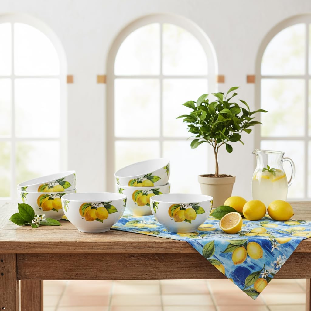 Fresh Lemons , 6pc Melamine Cereal/Soup Bowl Set, white, lemon, green, 2 cups