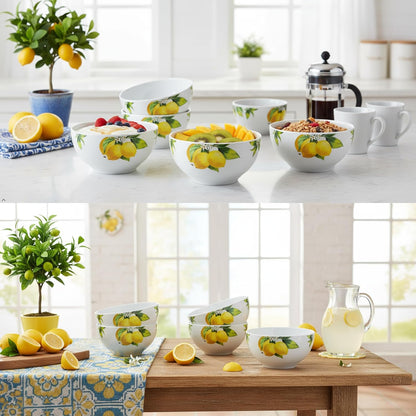 Fresh Lemons , 6pc Melamine Cereal/Soup Bowl Set, white, lemon, green, 2 cups