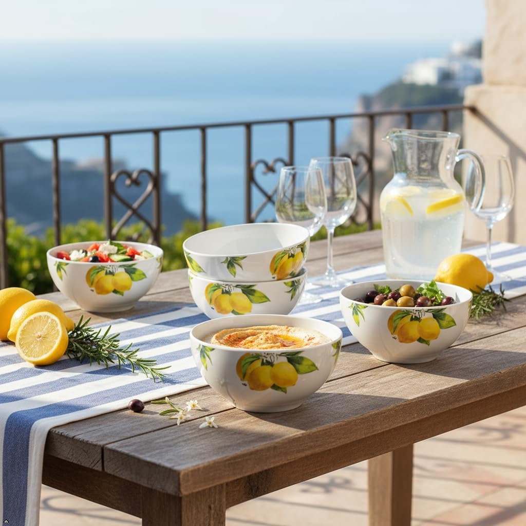 Fresh Lemons , 6pc Melamine Cereal/Soup Bowl Set, white, lemon, green, 2 cups