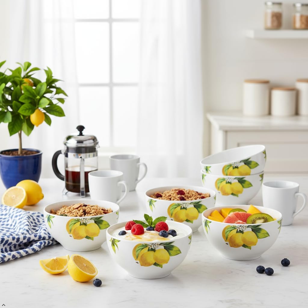 Fresh Lemons , 6pc Melamine Cereal/Soup Bowl Set, white, lemon, green, 2 cups