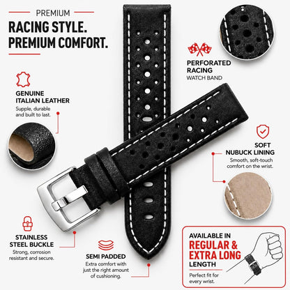 Mens Leather Rally Strap, Perforated Racing Watch Band, 18-24mm, Reg/XL | 13 Colors, 18mm-24mm Breathable Perforated Soft Italian Leather Racing Watch Band, Rally Strap for Men, Reg / Extra Long