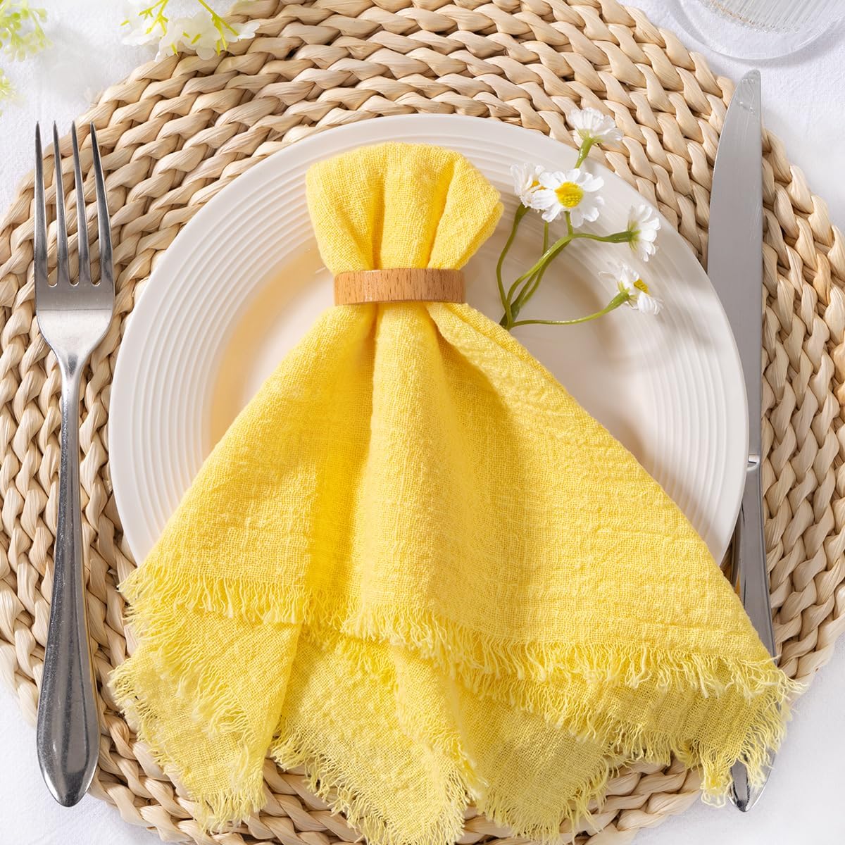 Cloth Napkins with Fringe 6 Pack 17"×17" Boho Cotton Linen Napkins Yellow | Washable Dinner Napkins Rustic Fringed Gauze Napkins Cloth for Wedding Party Bridal Baby Shower Birthday Decor