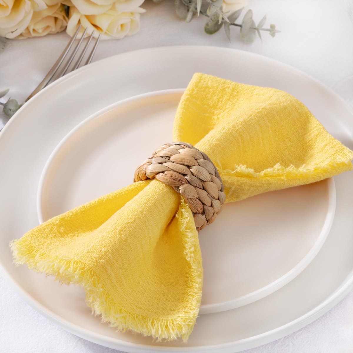Cloth Napkins with Fringe 6 Pack 17"×17" Boho Cotton Linen Napkins Yellow | Washable Dinner Napkins Rustic Fringed Gauze Napkins Cloth for Wedding Party Bridal Baby Shower Birthday Decor