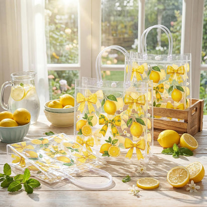 24 Pcs Lemon Clear Gift Bags with Handles Yellow Bow Lemon Print Transparent Tote Bags Reusable PVC Candy Treat Gift Container for Bridal Shower, Baby Shower, Wedding, Birthday Party Favors