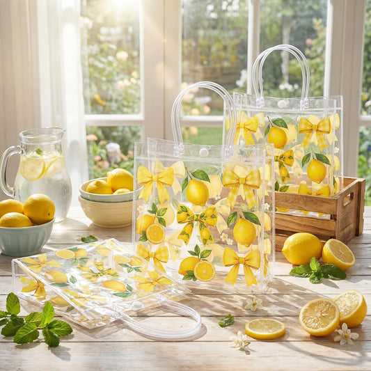 24 Pcs Lemon Clear Gift Bags with Handles Yellow Bow Lemon Print Transparent Tote Bags Reusable PVC Candy Treat Gift Container for Bridal Shower, Baby Shower, Wedding, Birthday Party Favors