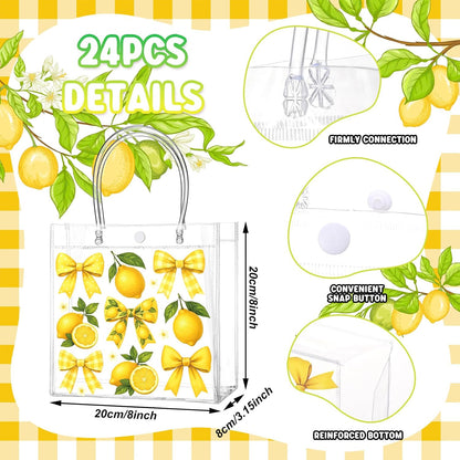 24 Pcs Lemon Clear Gift Bags with Handles Yellow Bow Lemon Print Transparent Tote Bags Reusable PVC Candy Treat Gift Container for Bridal Shower, Baby Shower, Wedding, Birthday Party Favors