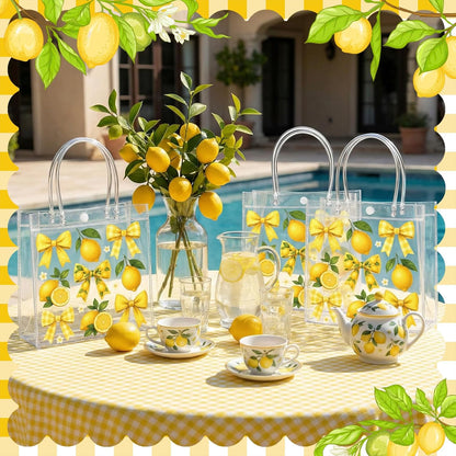 24 Pcs Lemon Clear Gift Bags with Handles Yellow Bow Lemon Print Transparent Tote Bags Reusable PVC Candy Treat Gift Container for Bridal Shower, Baby Shower, Wedding, Birthday Party Favors
