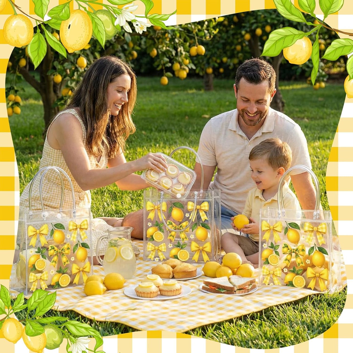 24 Pcs Lemon Clear Gift Bags with Handles Yellow Bow Lemon Print Transparent Tote Bags Reusable PVC Candy Treat Gift Container for Bridal Shower, Baby Shower, Wedding, Birthday Party Favors