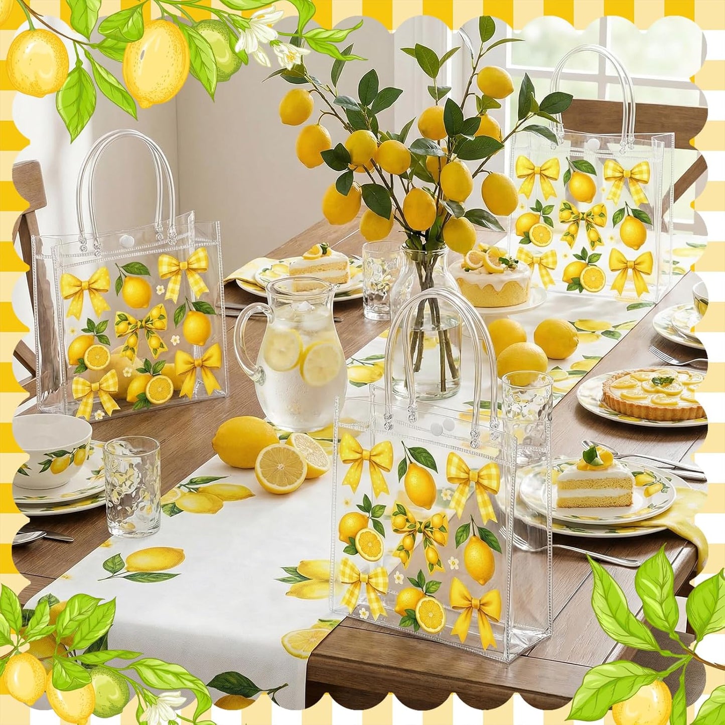 24 Pcs Lemon Clear Gift Bags with Handles Yellow Bow Lemon Print Transparent Tote Bags Reusable PVC Candy Treat Gift Container for Bridal Shower, Baby Shower, Wedding, Birthday Party Favors