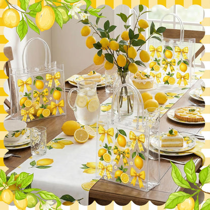 24 Pcs Lemon Clear Gift Bags with Handles Yellow Bow Lemon Print Transparent Tote Bags Reusable PVC Candy Treat Gift Container for Bridal Shower, Baby Shower, Wedding, Birthday Party Favors