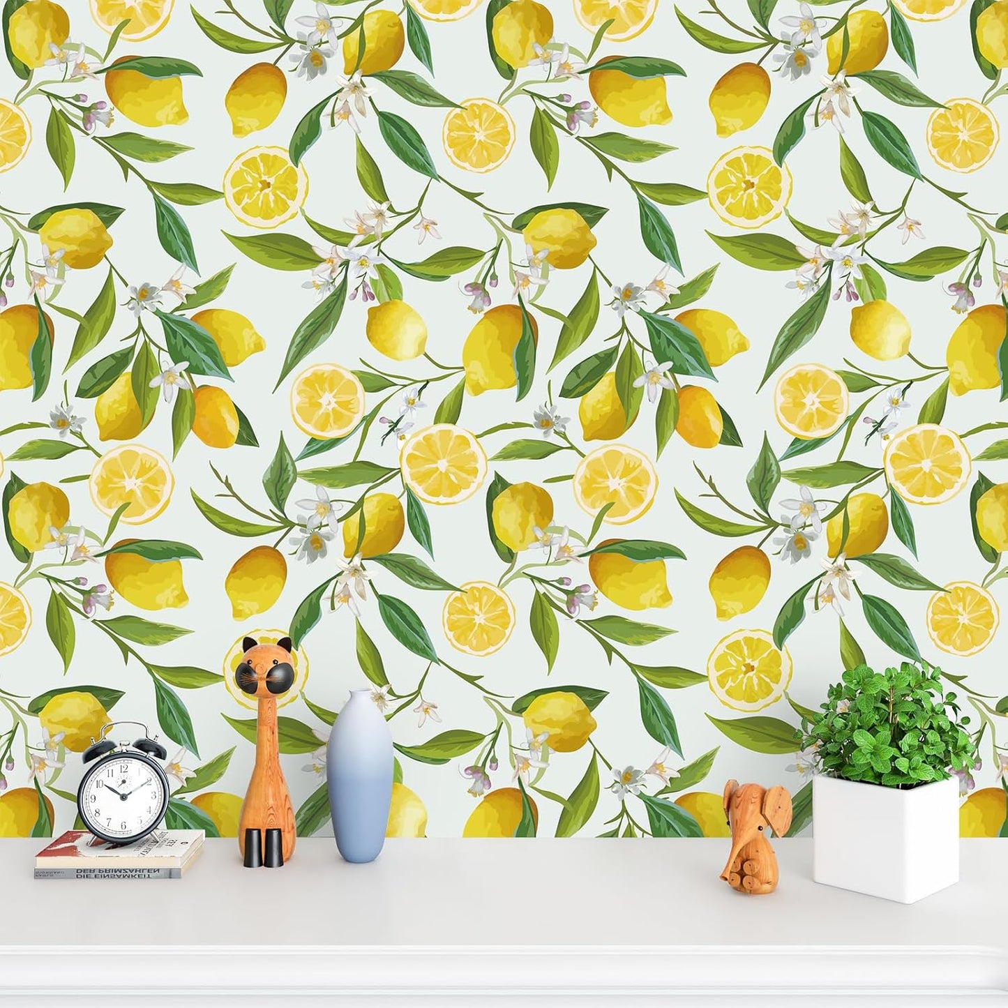 Lemon Peel and Stick Wallpaper Floral 17.7''x118'' Removable Self Adhesive Decorative Fresh Citrus Leaf Prints Floral Wallpaper Vinyl for Nursery Bedroom Kitchen Walls Cabinets Shelf Liners