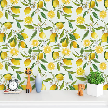 Lemon Peel and Stick Wallpaper Floral 17.7''x118'' Removable Self Adhesive Decorative Fresh Citrus Leaf Prints Floral Wallpaper Vinyl for Nursery Bedroom Kitchen Walls Cabinets Shelf Liners