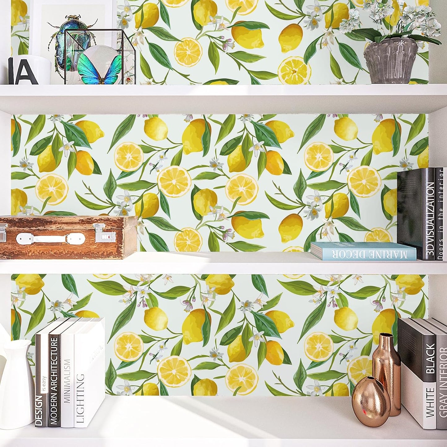Lemon Peel and Stick Wallpaper Floral 17.7''x118'' Removable Self Adhesive Decorative Fresh Citrus Leaf Prints Floral Wallpaper Vinyl for Nursery Bedroom Kitchen Walls Cabinets Shelf Liners